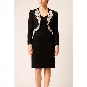 1990s Scott McClintock Black Jacquard Sheath Dress w/ Embroidered Bolero S- M